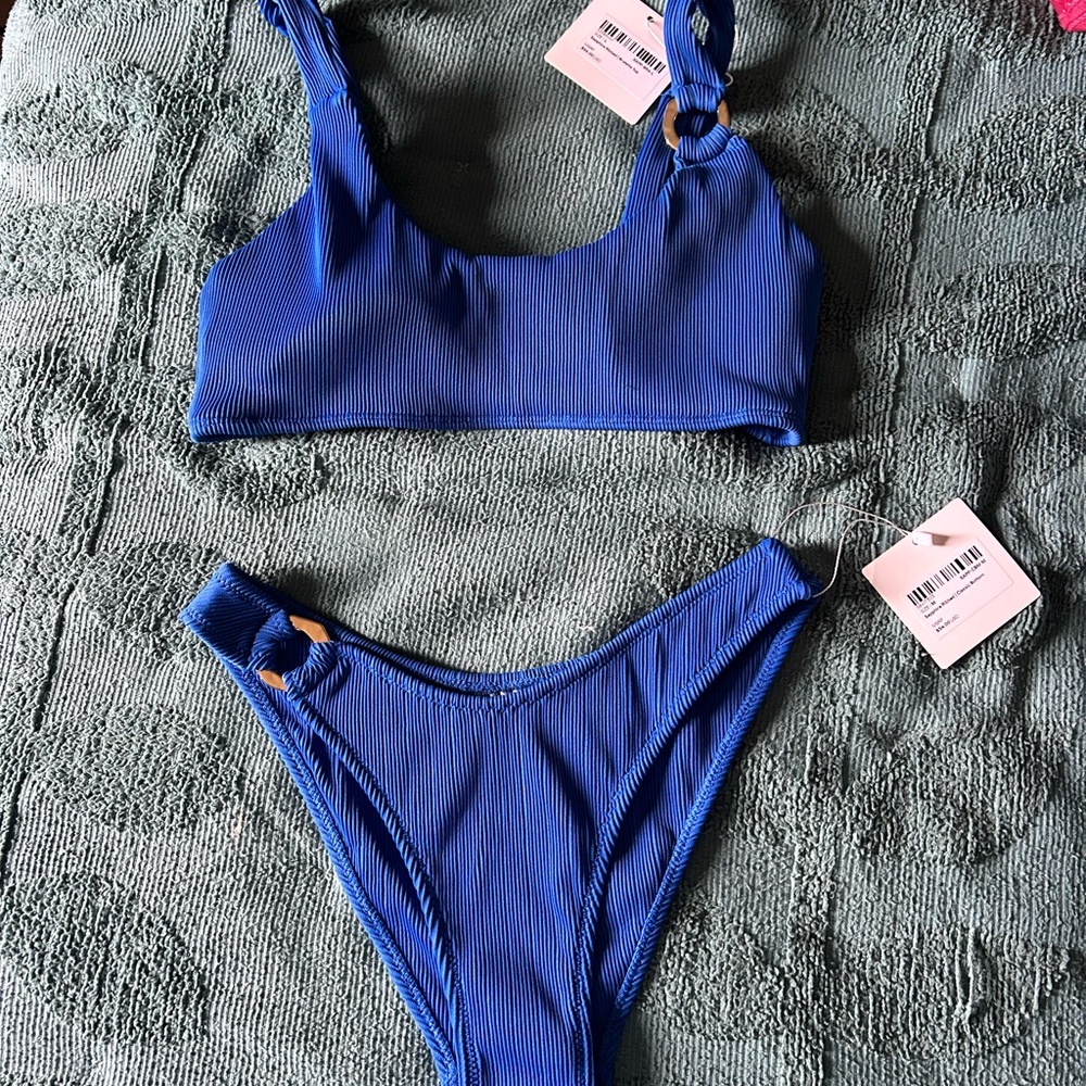 Honey swim Blue Ribbed Ring-Detail Women's Bikini Set